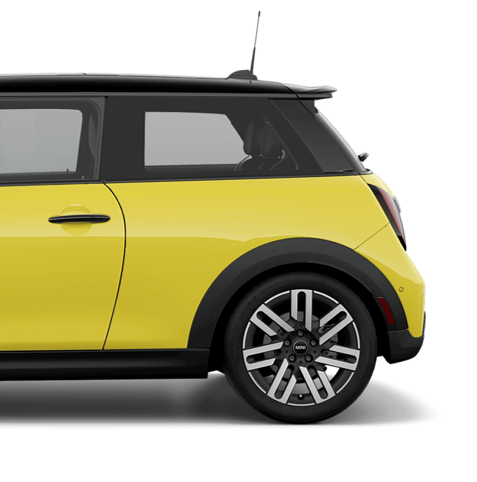 Side view of the rear half of a MINI Cooper 2 Door.
